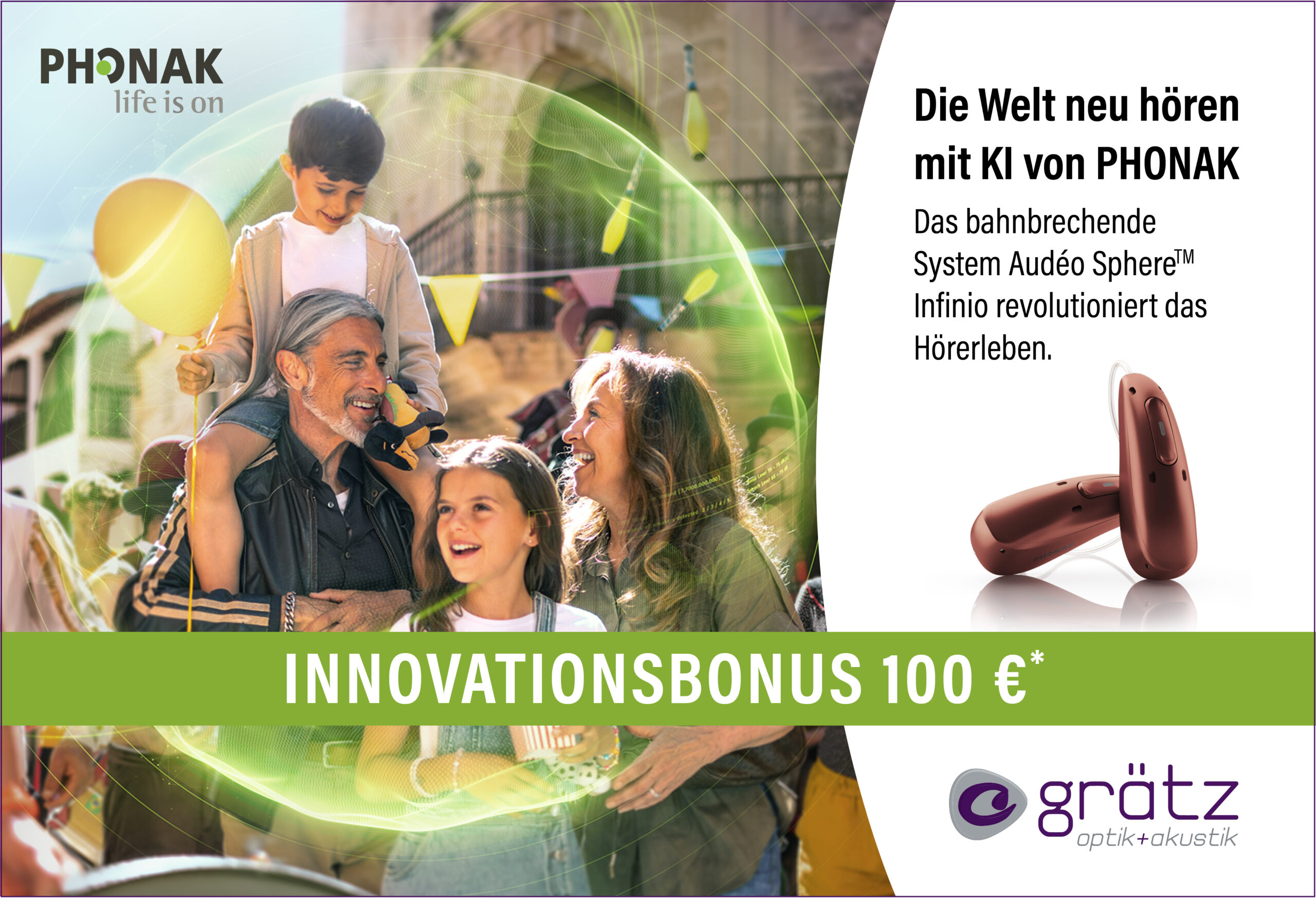 005-241105_OAG_Web_News_Phonak 100 € Bonus beim Kauf von einem Paar Phonak Audéo SphereTM Infinio bei Optik und Akustik Grätz